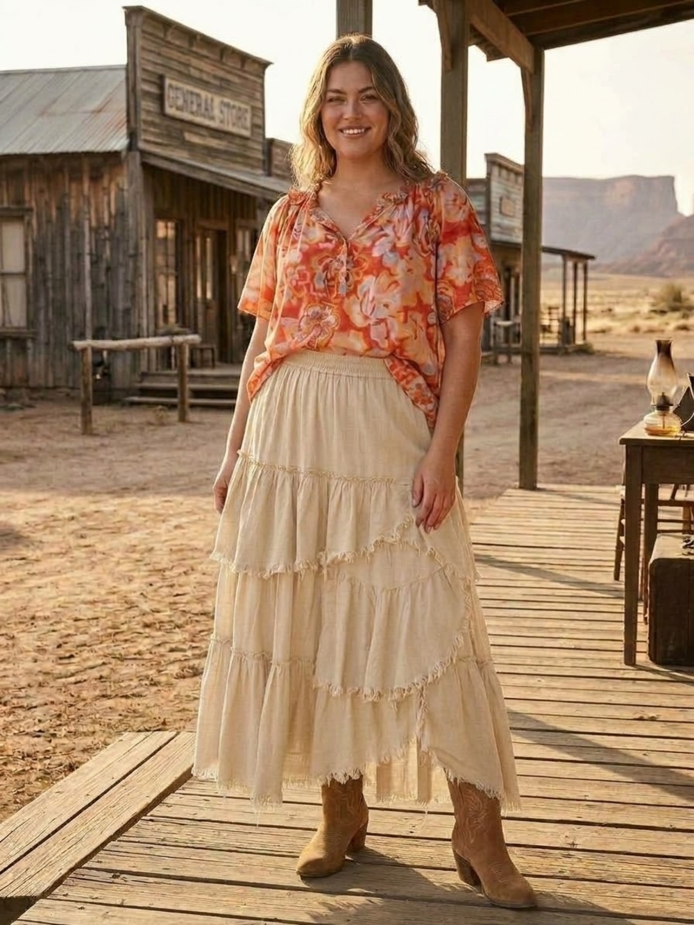 Democracy Orange Floral Short-Sleeve Peasant Blouse
